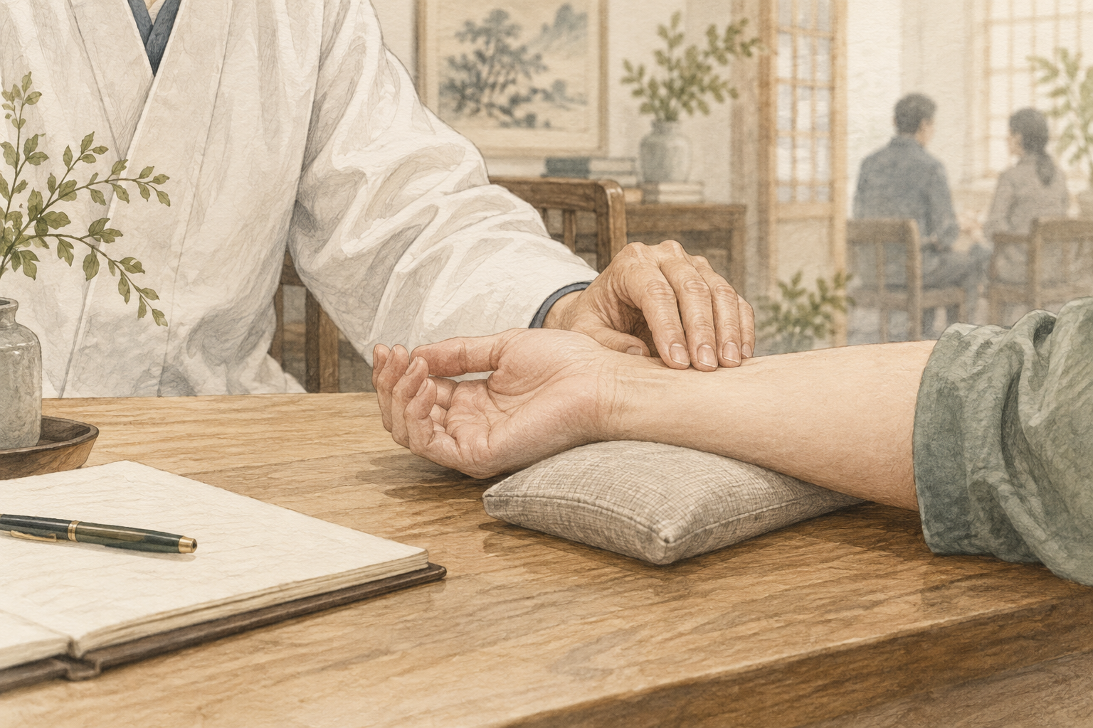 손목의 맥을 짚는 진찰 장면과 상담 메모를 그린 일러스트